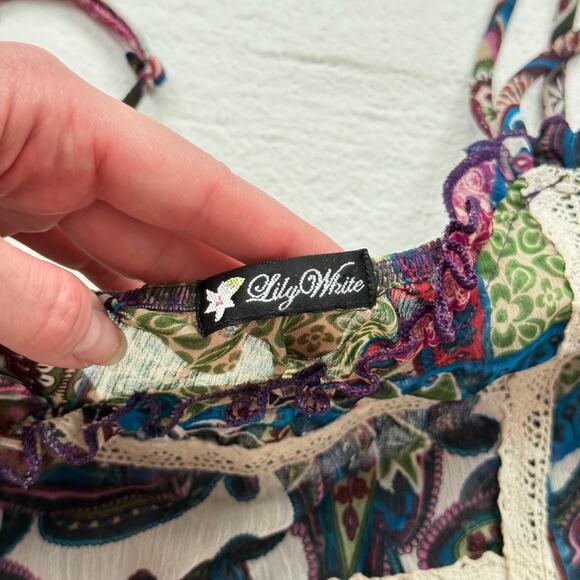 Lily White Boho Sheer Patchwork Floral Cami Tank Top, Size Large - Picture 5 of 6